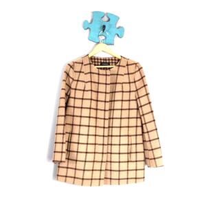 Talbots Zip Up Wool Blend Coat Size Large Tan Brown Windowpane Double Face